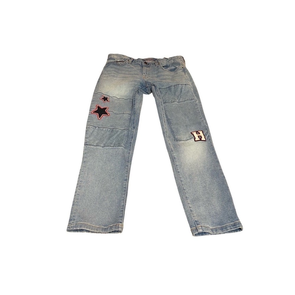 Tommy Hilfiger Boyfriend Patch Jeans Women Size 6 Distressed Denim Y2K Blue Red
